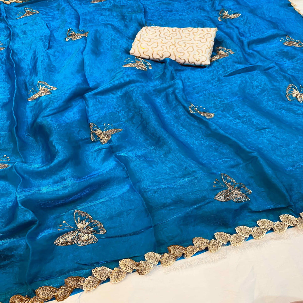 Elegant Sky Blue Designer Saree with Butterfly Embroidery & Golden Lace Border – Party & Festive Wear