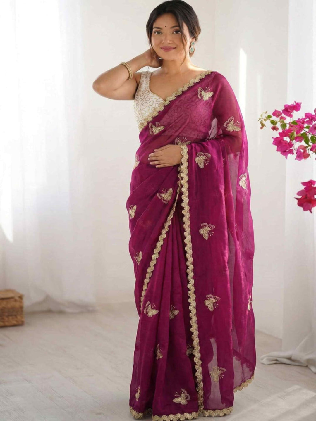 Elegant Sky Blue Designer Saree with Butterfly Embroidery & Golden Lace Border – Party & Festive Wear