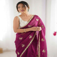 Elegant Sky Blue Designer Saree with Butterfly Embroidery & Golden Lace Border – Party & Festive Wear