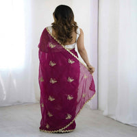 Elegant Sky Blue Designer Saree with Butterfly Embroidery & Golden Lace Border – Party & Festive Wear
