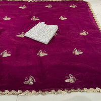 Elegant Sky Blue Designer Saree with Butterfly Embroidery & Golden Lace Border – Party & Festive Wear