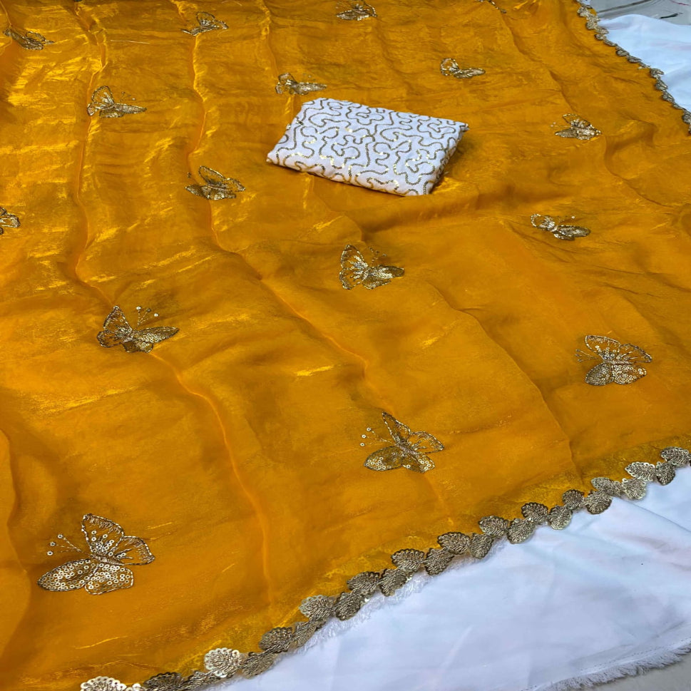 Elegant Sky Blue Designer Saree with Butterfly Embroidery & Golden Lace Border – Party & Festive Wear