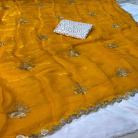 Elegant Sky Blue Designer Saree with Butterfly Embroidery & Golden Lace Border – Party & Festive Wear