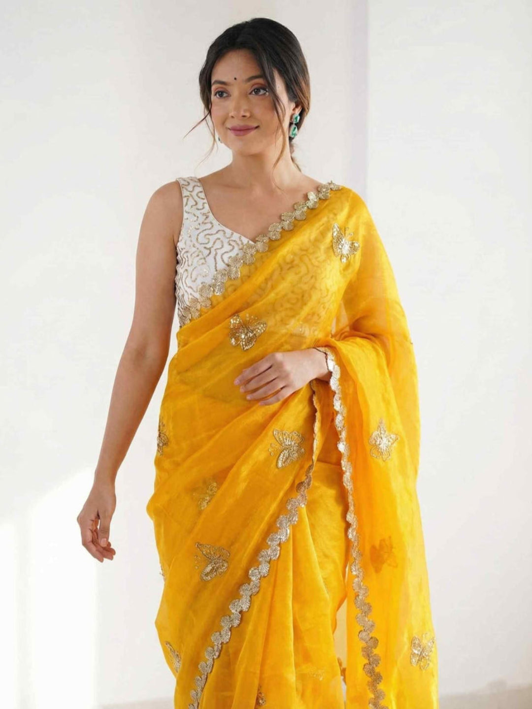 Elegant Sky Blue Designer Saree with Butterfly Embroidery & Golden Lace Border – Party & Festive Wear
