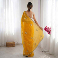 Elegant Sky Blue Designer Saree with Butterfly Embroidery & Golden Lace Border – Party & Festive Wear