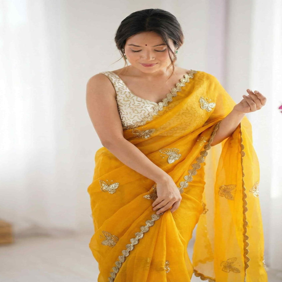 Elegant Sky Blue Designer Saree with Butterfly Embroidery & Golden Lace Border – Party & Festive Wear