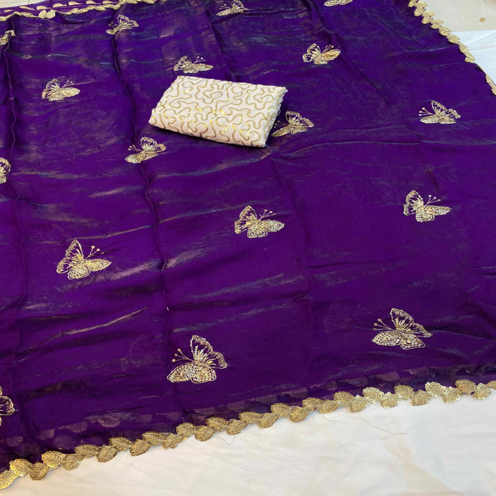 Elegant Sky Blue Designer Saree with Butterfly Embroidery & Golden Lace Border – Party & Festive Wear