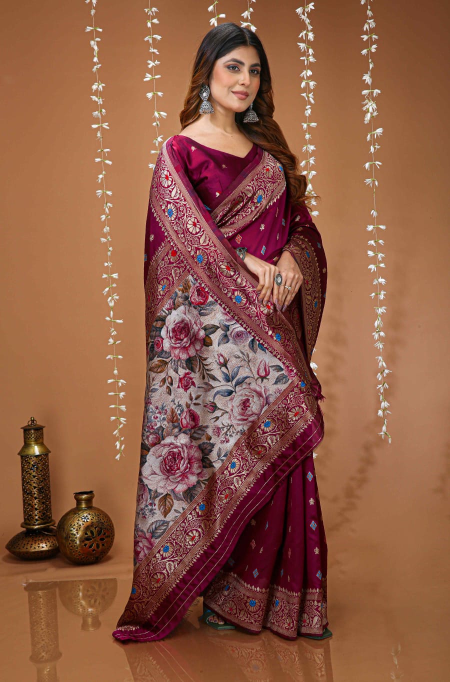 Elegant Wine Maroon Floral Printed Zari Border Saree with Designer Pallu – Festive & Wedding Wear