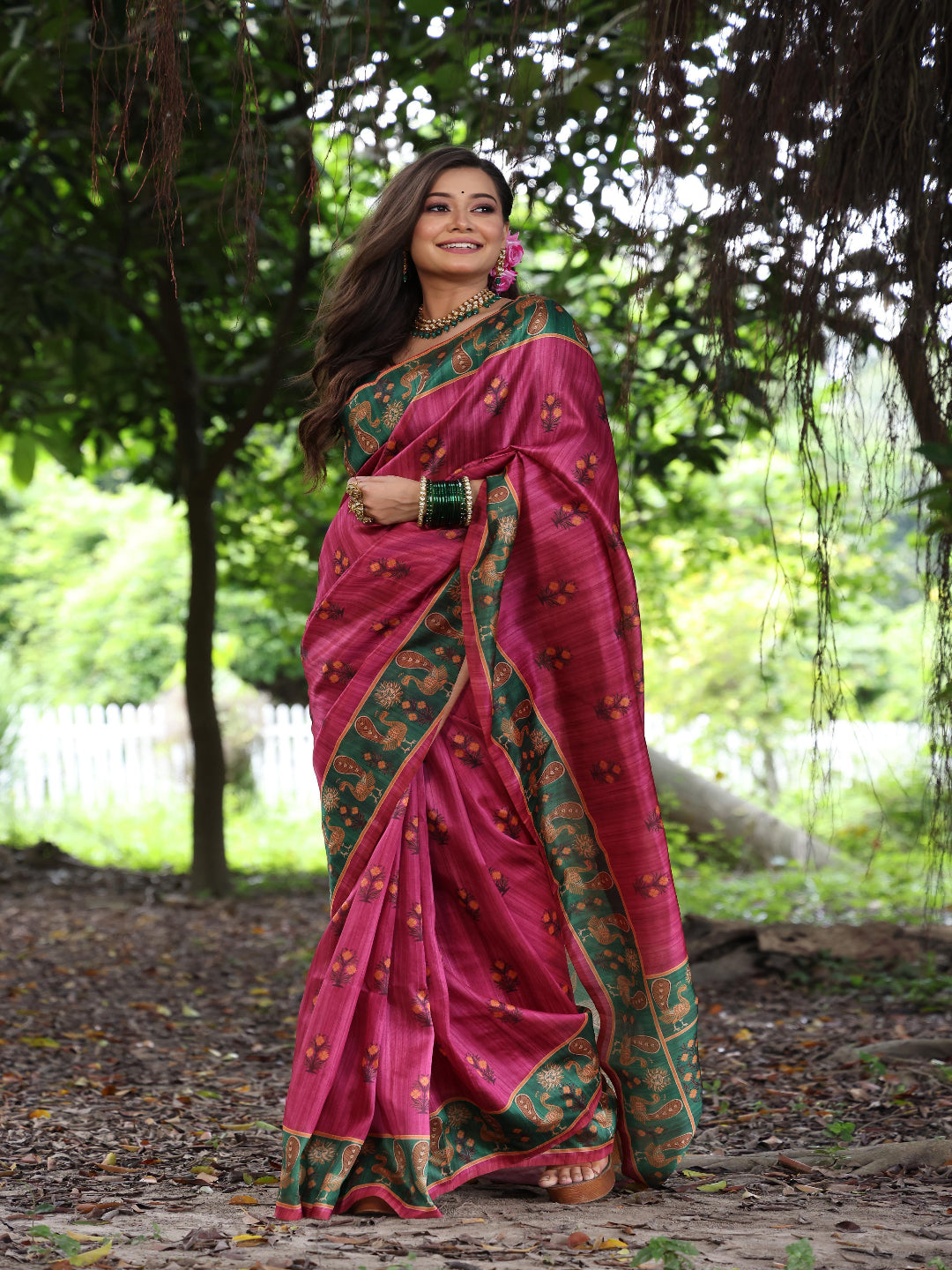 Elegant Rani Pink Silk Blend Saree with Green Printed Border – Festive & Traditional Wear