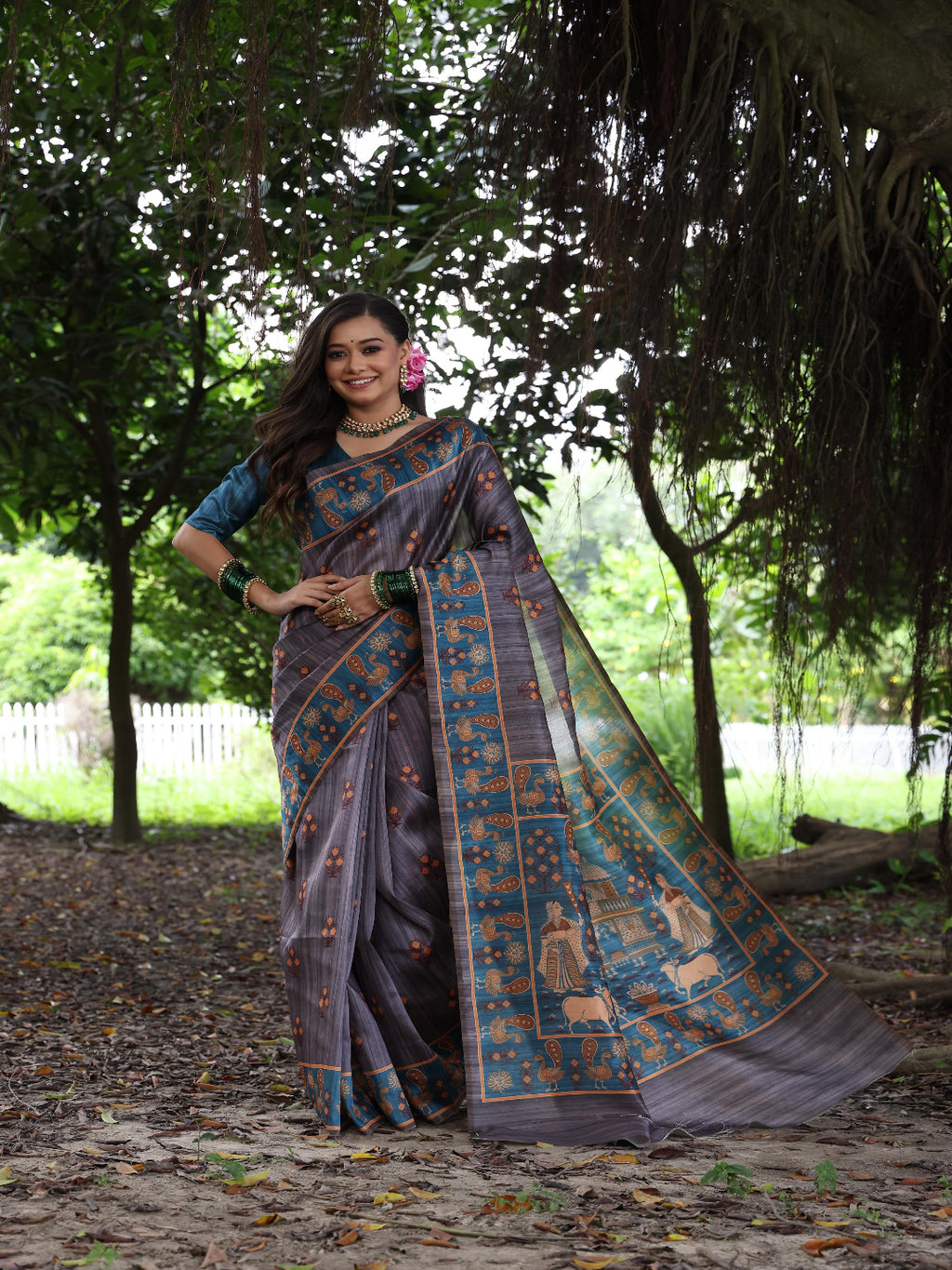 Elegant Rani Pink Silk Blend Saree with Green Printed Border – Festive & Traditional Wear