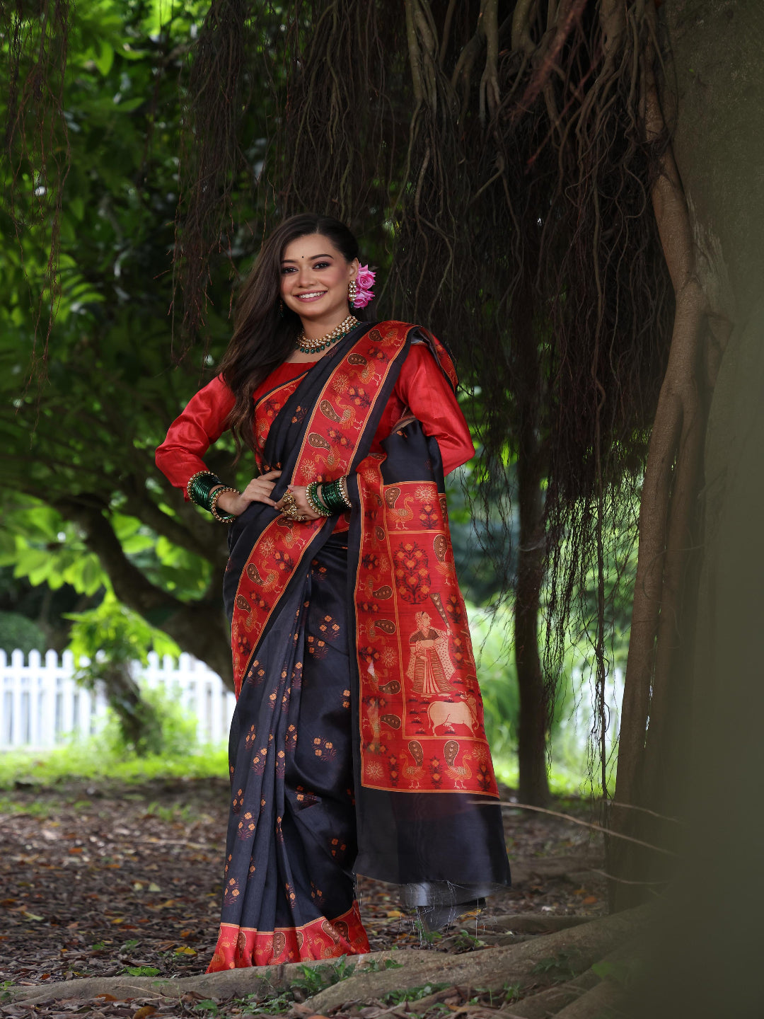 Elegant Rani Pink Silk Blend Saree with Green Printed Border – Festive & Traditional Wear