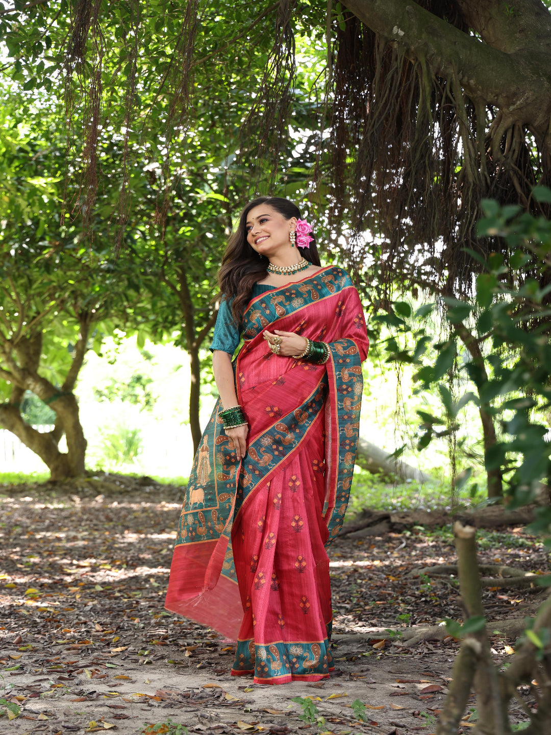 Elegant Rani Pink Silk Blend Saree with Green Printed Border – Festive & Traditional Wear