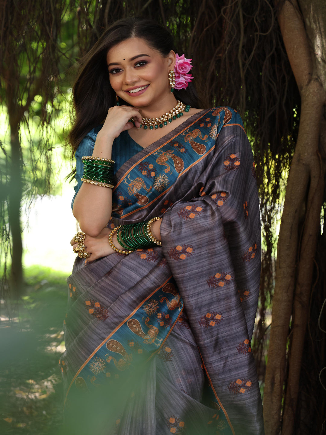 Elegant Rani Pink Silk Blend Saree with Green Printed Border – Festive & Traditional Wear