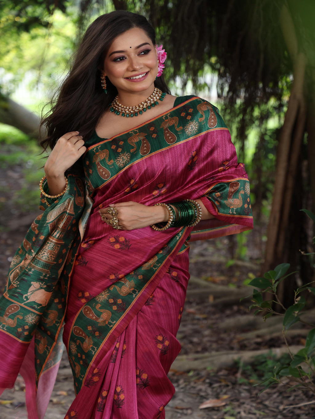 Elegant Rani Pink Silk Blend Saree with Green Printed Border – Festive & Traditional Wear