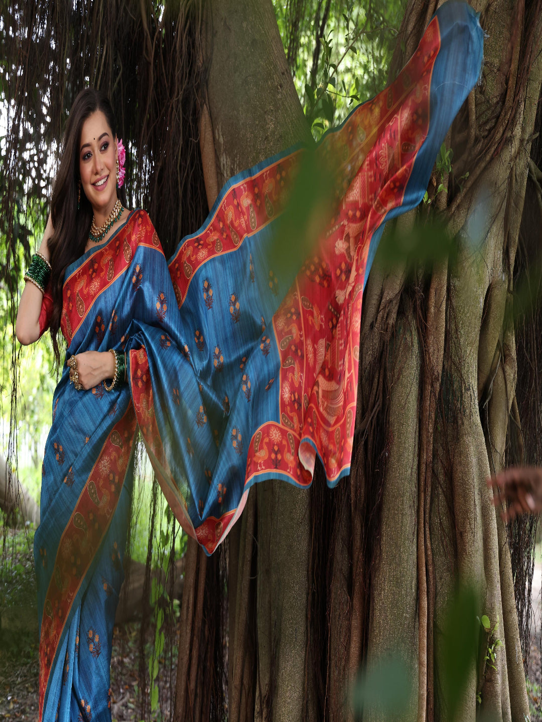 Elegant Rani Pink Silk Blend Saree with Green Printed Border – Festive & Traditional Wear