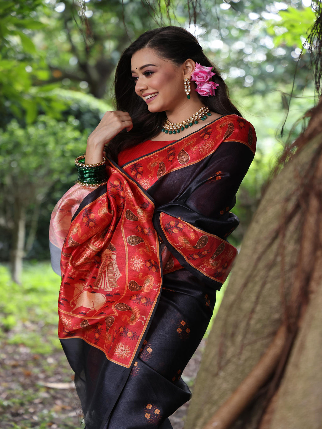 Elegant Rani Pink Silk Blend Saree with Green Printed Border – Festive & Traditional Wear