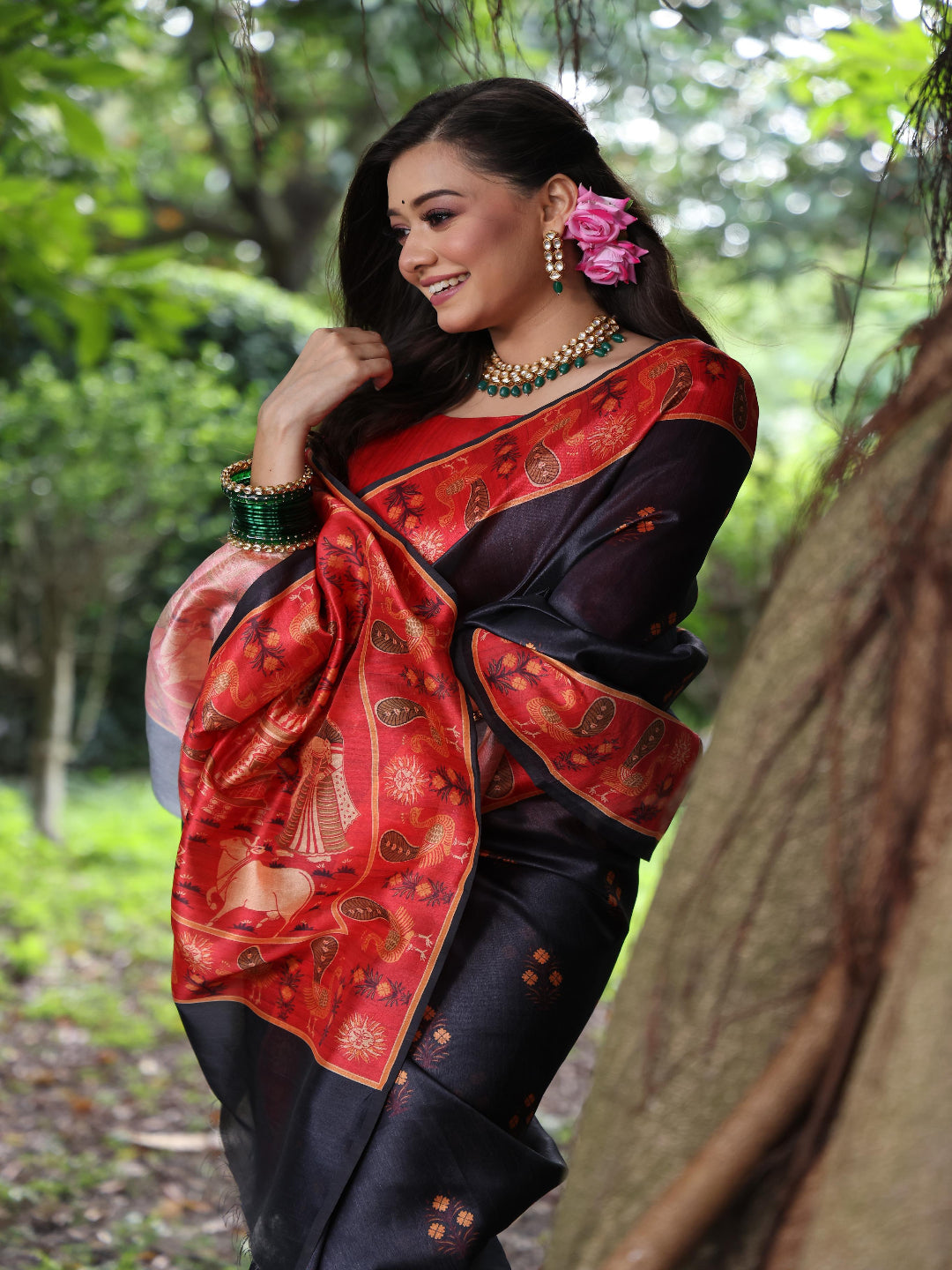 Elegant Rani Pink Silk Blend Saree with Green Printed Border – Festive & Traditional Wear