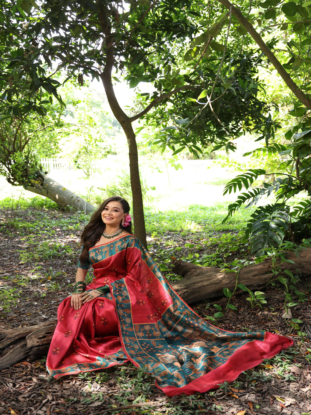 Elegant Rani Pink Silk Blend Saree with Green Printed Border – Festive & Traditional Wear