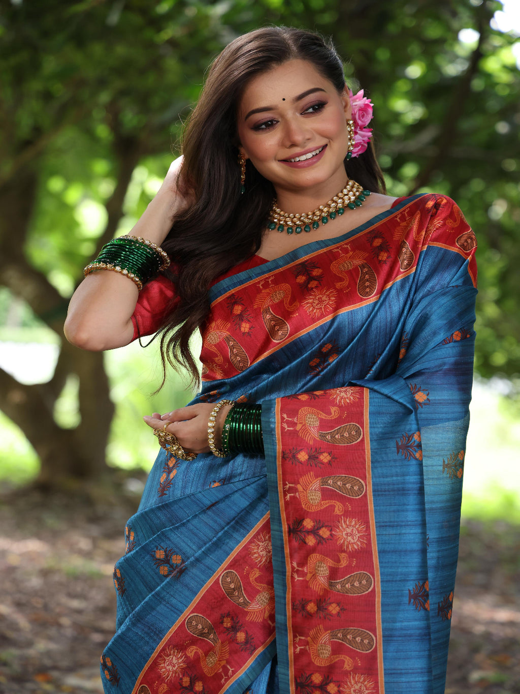 Elegant Rani Pink Silk Blend Saree with Green Printed Border – Festive & Traditional Wear