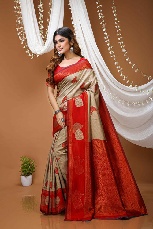 Elegant Beige & Red Zari Woven Saree with Rich Designer Pallu – Festive & Wedding Wear