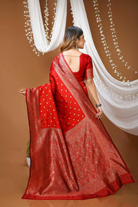 Elegant Red Banarasi Style Zari Woven Saree with Rich Golden Designer Pallu – Wedding & Festive Wear