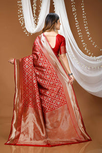 Elegant Red Banarasi Style Zari Woven Saree with Rich Golden Pallu – Wedding & Festive Wear