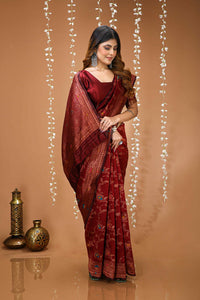 Elegant Maroon Zari Woven Banarasi Style Saree with Rich Designer Pallu – Wedding & Festive Wear