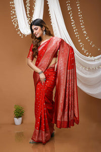 Elegant Red Banarasi Style Zari Woven Saree with Rich Golden Designer Pallu – Wedding & Festive Wear