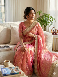 Elegant Dusty Pink Designer Saree with Golden Lace Border