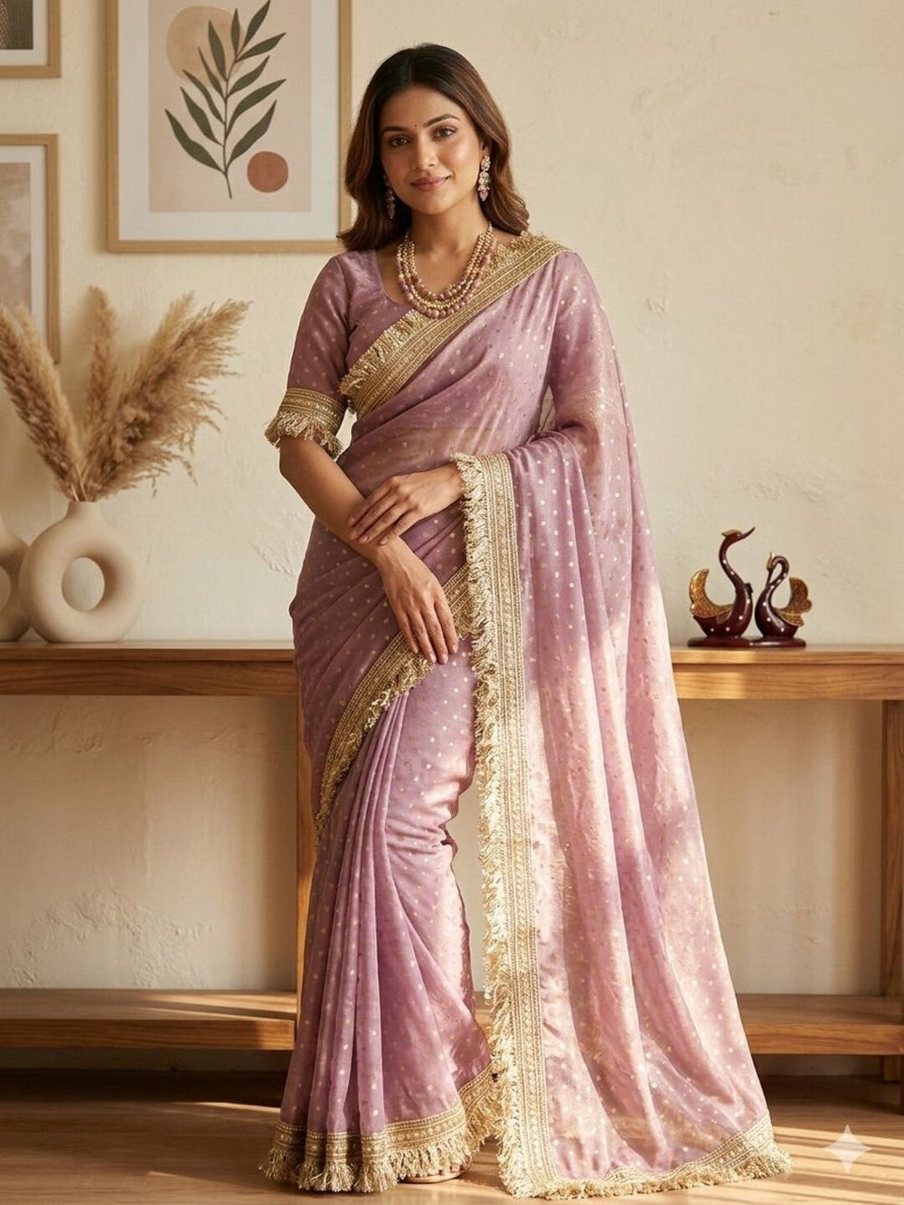 Elegant Dusty Pink Designer Saree with Golden Lace Border