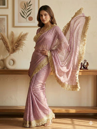 Elegant Dusty Pink Designer Saree with Golden Lace Border