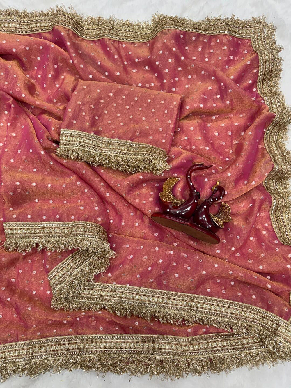 Elegant Dusty Pink Designer Saree with Golden Lace Border