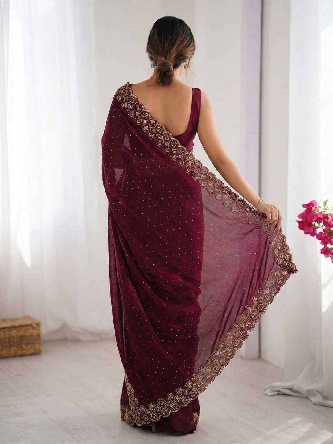 Elegant Maroon Georgette Saree with Golden Embroidered Border – Party & Festive Wear