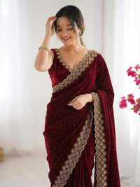 Elegant Maroon Georgette Saree with Golden Embroidered Border – Party & Festive Wear