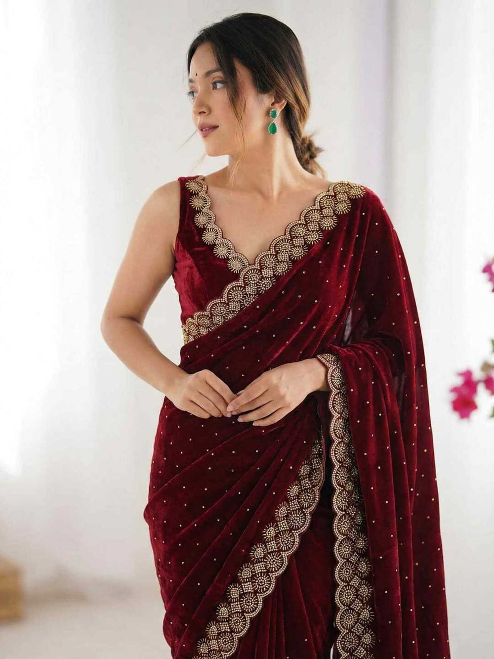 Elegant Maroon Georgette Saree with Golden Embroidered Border – Party & Festive Wear
