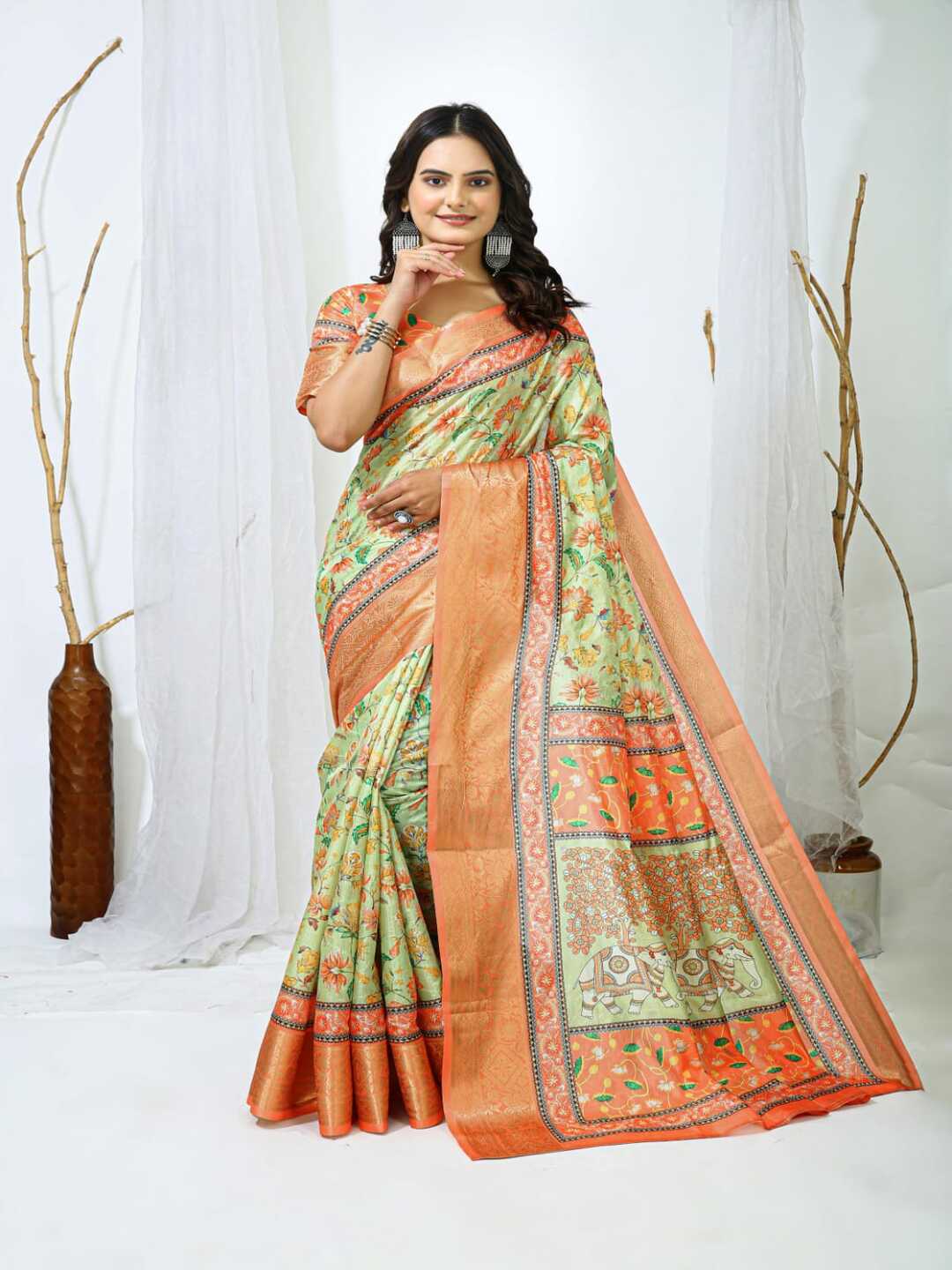 Elegant Mint Green Floral Silk Saree with Peach Border