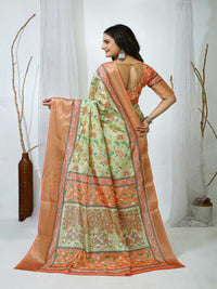 Elegant Mint Green Floral Silk Saree with Peach Border