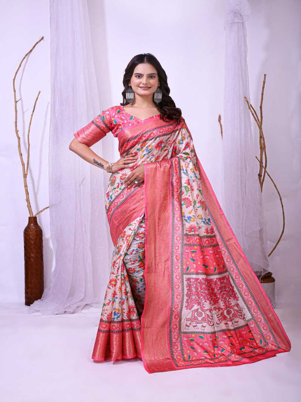 Elegant Mint Green Floral Silk Saree with Peach Border