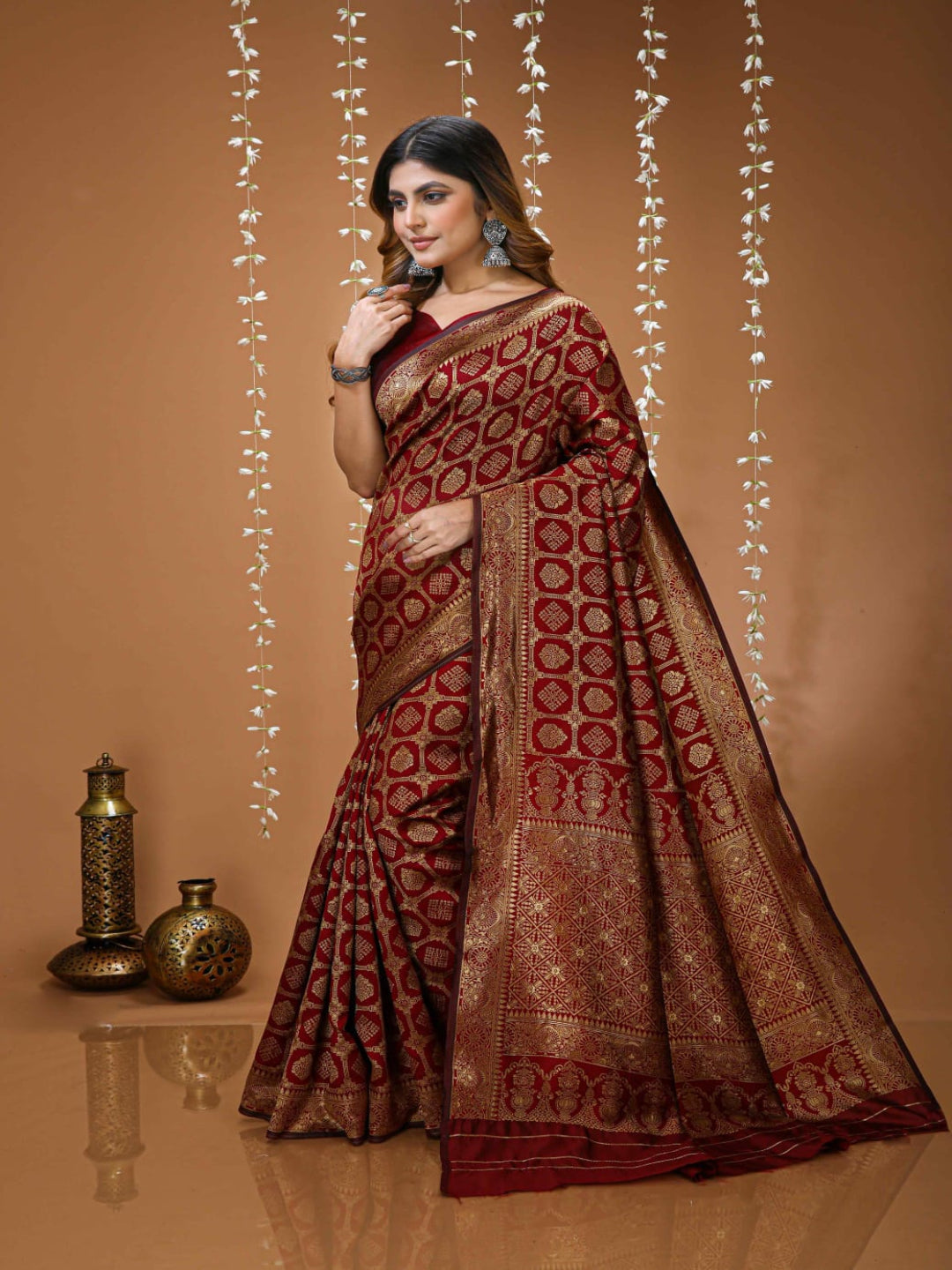 Royal Maroon Banarasi Silk Saree with Intricate Golden Zari Work