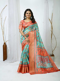 Elegant Mint Green Floral Silk Saree with Peach Border
