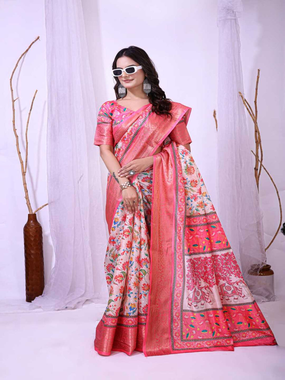 Elegant Mint Green Floral Silk Saree with Peach Border