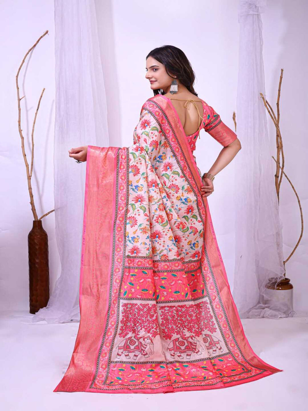 Elegant Mint Green Floral Silk Saree with Peach Border