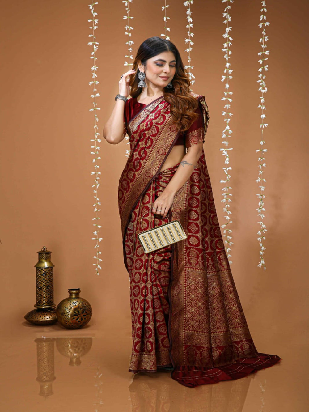 Royal Maroon Banarasi Silk Saree with Intricate Golden Zari Work