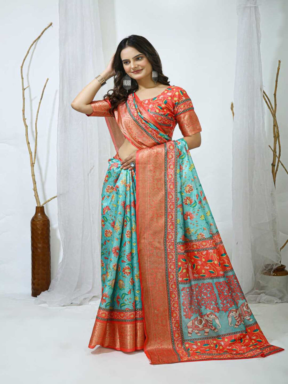 Elegant Mint Green Floral Silk Saree with Peach Border