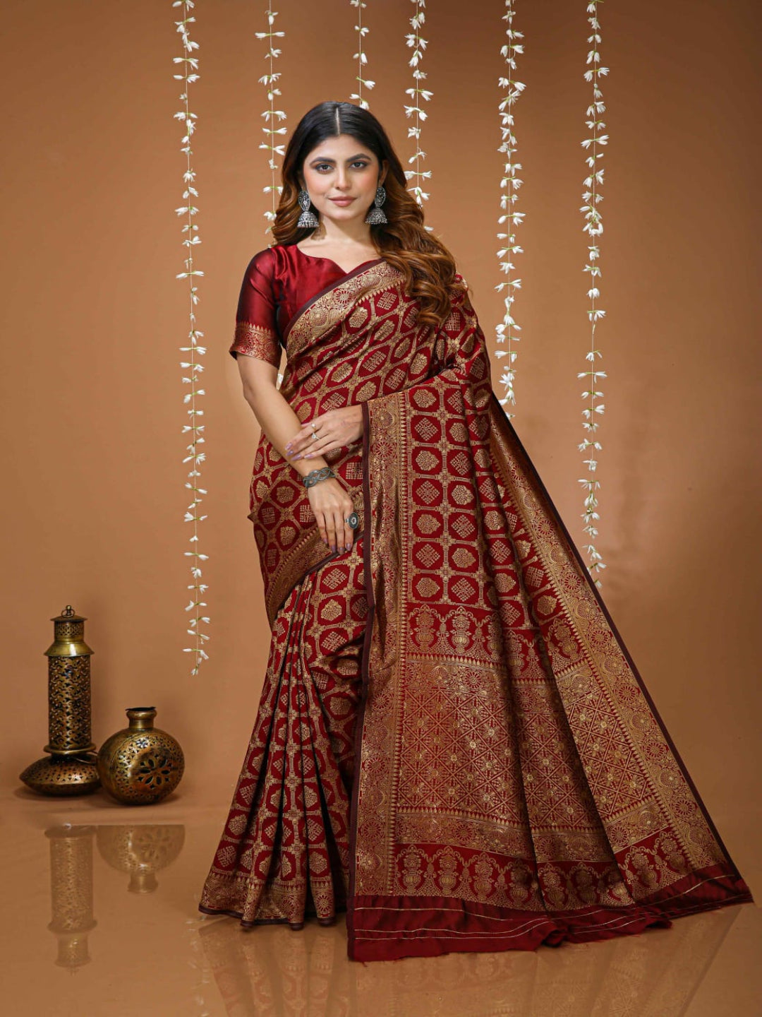 Royal Maroon Banarasi Silk Saree with Intricate Golden Zari Work