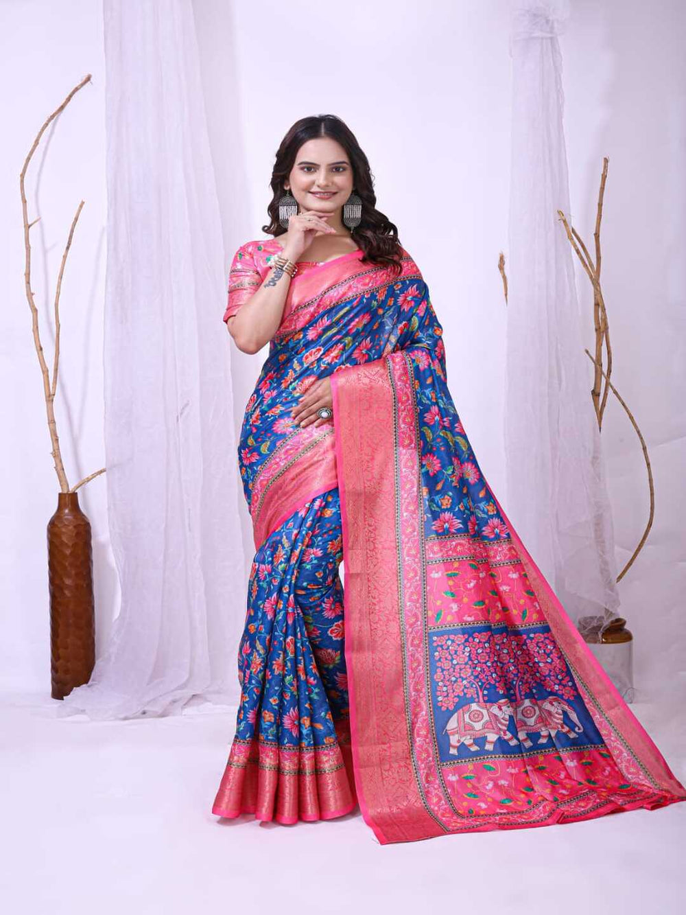 Elegant Mint Green Floral Silk Saree with Peach Border