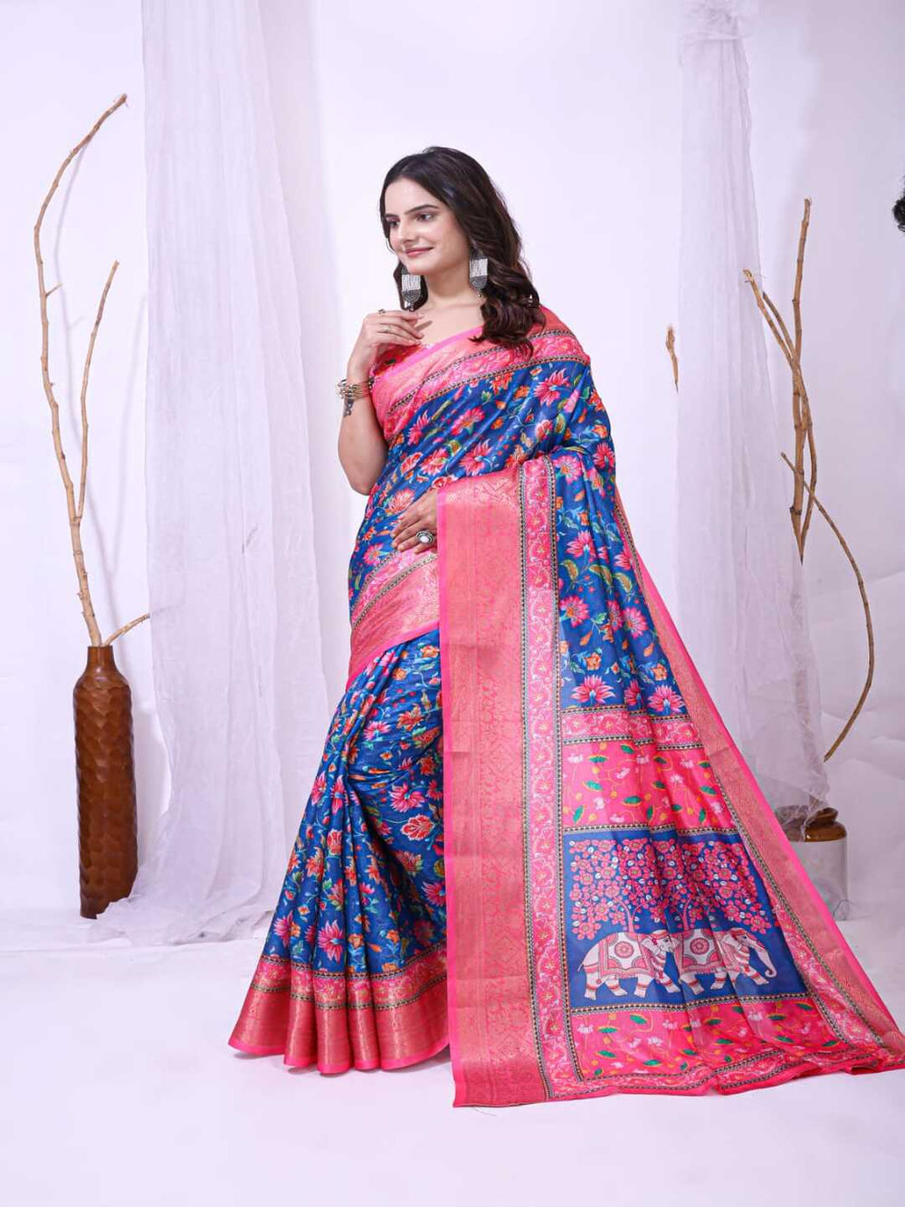 Elegant Mint Green Floral Silk Saree with Peach Border