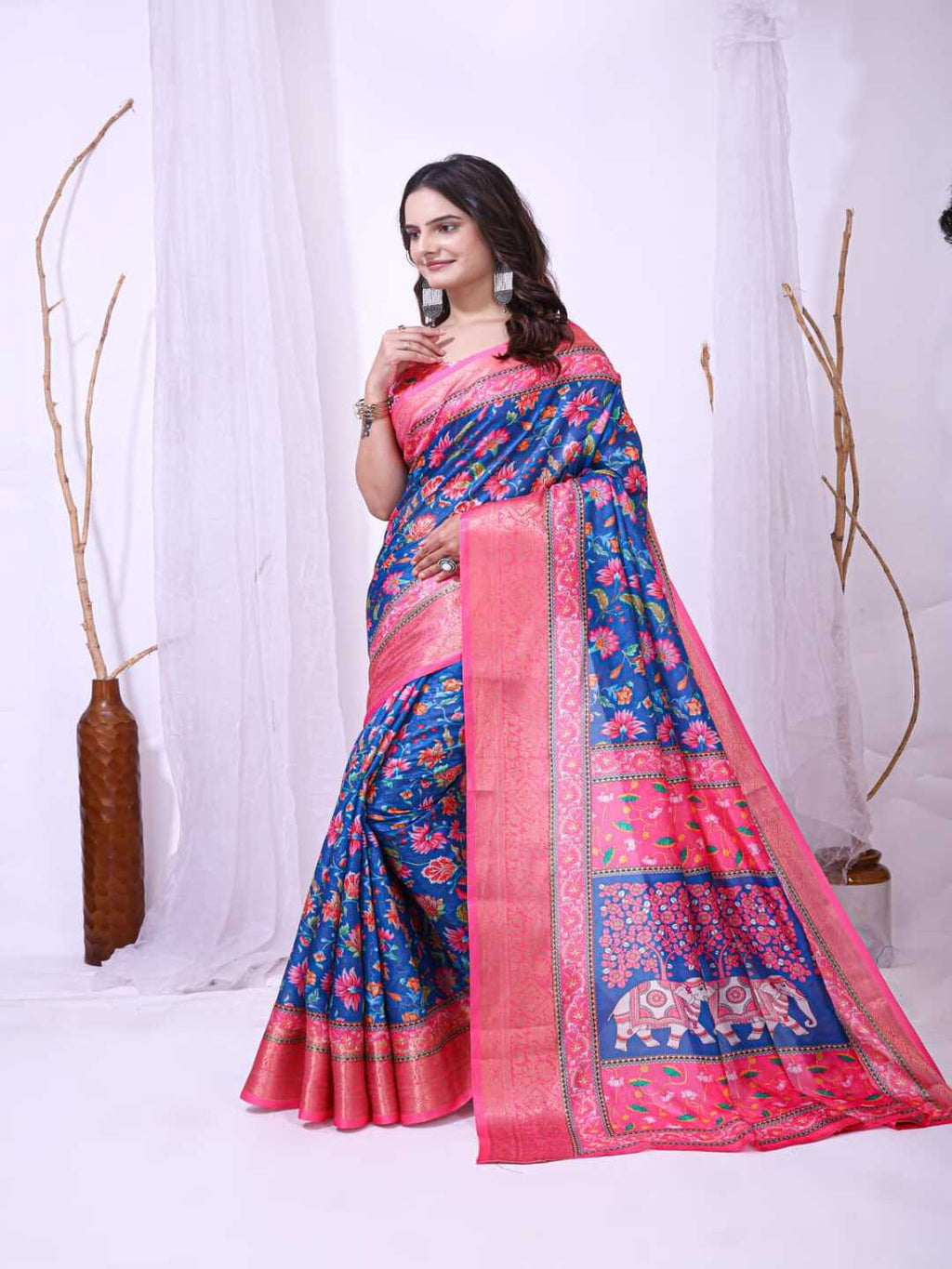 Elegant Mint Green Floral Silk Saree with Peach Border