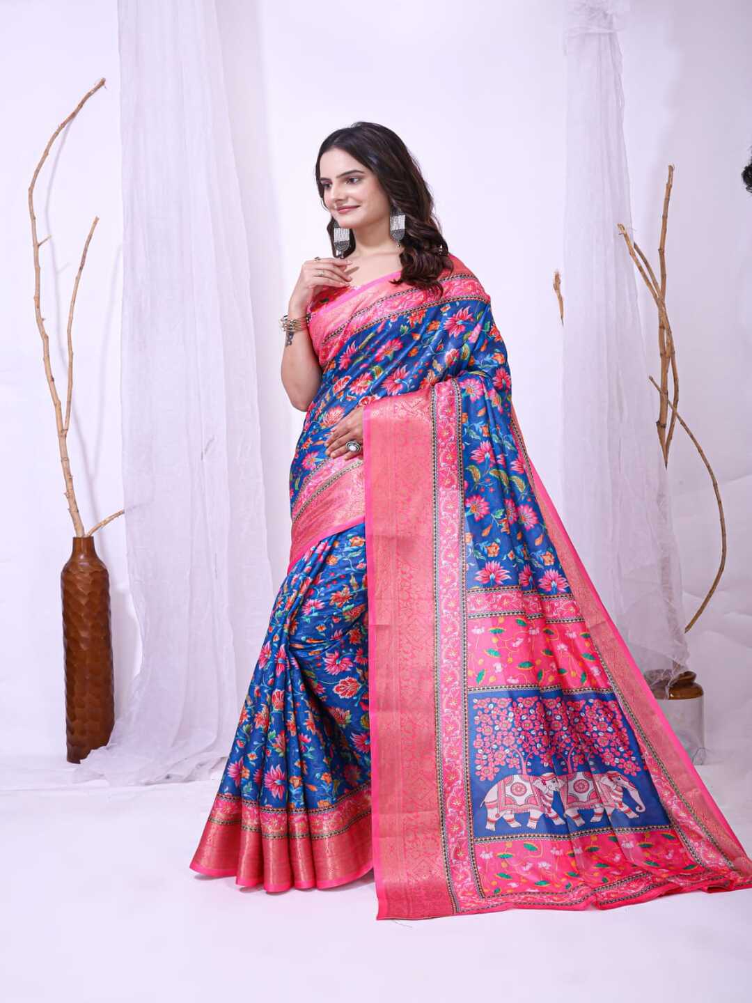 Elegant Mint Green Floral Silk Saree with Peach Border