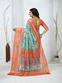 Elegant Mint Green Floral Silk Saree with Peach Border